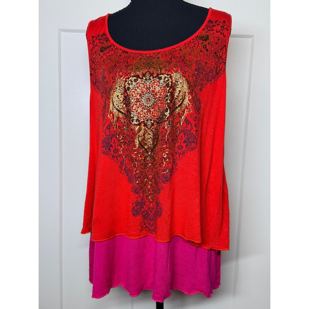 B.L.E.U. Tank Top Women Large Red Pink Good Boho Layered Gold Foil Mandala